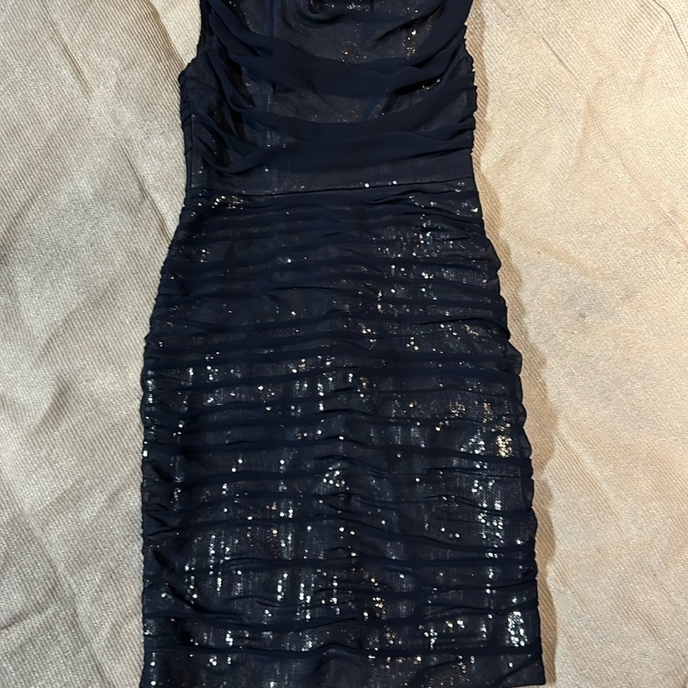 gold under dress with navy sheer overlay